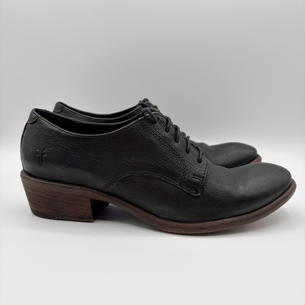 Frye Carson Lace Up Leather Oxford Black Sz 8.5 B Heeled Shoes Booties